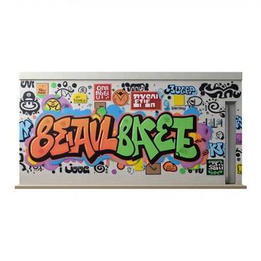 A department wall covered with vibrant and colorful graffiti. The graffiti features intricate designs, bold shapes, and a variety of artistic styles created by different illustrators. The colors range from bright reds and blues to vivid greens and yellows, creating a lively atmosphere. Some sections of the graffiti include detailed characters, abstract patterns, and motivational quotes written in dynamic fonts. The wall is a large, flat surface with a slightly textured appearance, adding depth to the artwork.