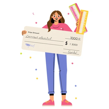 A smiling woman with long brown hair stands in a vibrant setting. She is holding a large, oversized check with the words "Prize Amount" clearly visible in bold letters. In her other hand, she holds a colorful raffle ticket that features bright patterns. The woman's expression radiates joy and excitement as she celebrates her win, surrounded by confetti falling around her.