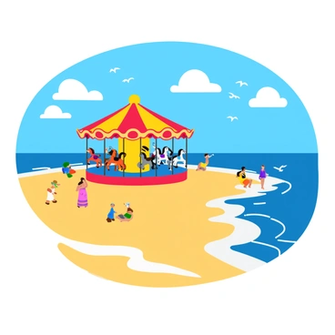 A colorful carousel with ornate horses and vibrant decorations stands on the edge of a sandy beach. The carousel features bright red and yellow canopies, and it is surrounded by soft, golden sand. In the background, gentle ocean waves create a rhythmic pattern as they crash against the shore. The sky above is a clear blue, with a few fluffy white clouds scattered across. Sunlight glistens off the water, adding a sparkling effect to the scene. Some beachgoers can be seen enjoying the sunny day nearby, while seagulls fly above.