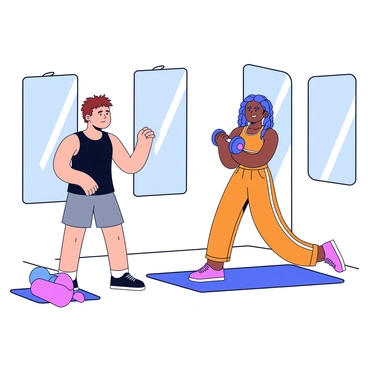 A personal trainer demonstrating strength exercises with a client in a fitness studio. The trainer has short brown hair and is wearing a black tank top and gray shorts. The client has long braided hair and is dressed in a bright orange workout outfit. They are using a set of dumbbells, with the trainer providing guidance on form. The studio has large mirrors on the walls and fitness mats scattered on the floor.