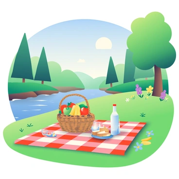 A picturesque riverside scene features a vibrant green meadow with a clear blue sky overhead. In the center, a red and white checkered blanket is laid out, showcasing a picnic spread. On the blanket, there is a wicker basket overflowing with fresh fruits, including red strawberries, yellow bananas, and green apples. A bottle of sparkling water sits next to the basket, accompanied by two clear glasses. Nearby, a plate holds a selection of sandwiches cut into triangles. Surrounding the picnic are wildflowers in various colors, and the gentle flow of the river reflects the sunlight. Tall trees provide shade along the riverbank, enhancing the inviting atmosphere of this serene outdoor setting.