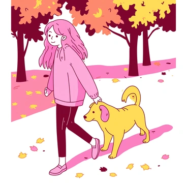 A pink girl with long hair wearing a cozy sweater walks alongside a yellow dog. The dog is a medium-sized breed with floppy ears and a wagging tail. They are strolling through a park covered in fallen autumn leaves, which range in color from deep orange to golden yellow. Sunlight filters through the trees, casting shadows on the ground. The girl smiles as she bends down to pet her dog, surrounded by a carpet of vibrant leaves.