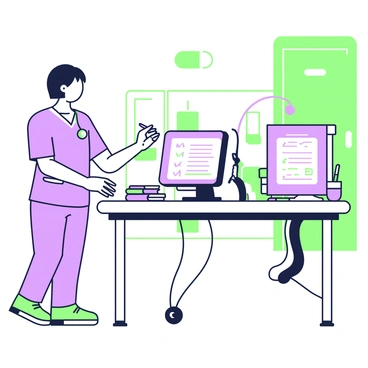A nurse with short hair is standing beside a hospital workstation during a night shift. She is wearing navy scrubs and comfortable shoes. The workstation has a computer monitor displaying patient charts, alongside a stack of papers and a pen. The dim hospital lights cast soft shadows, creating a calm atmosphere. The nurse is focused on the screen, making notes with her right hand while her left hand rests on the desk. In the background, a few closed patient room doors are visible, contributing to the quiet ambiance of the scene.