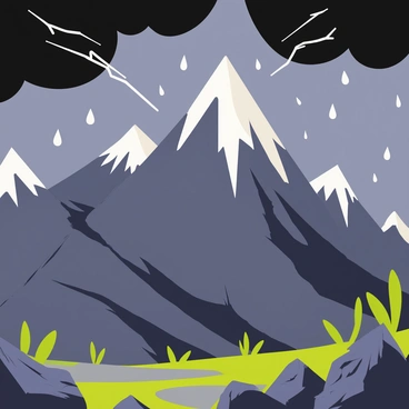 A dramatic mountain landscape featuring towering gray peaks shrouded in dark storm clouds. A bright lightning flash illuminates the highest peak, casting sharp shadows and creating a stark contrast against the ominous sky. The foreground contains rocky outcrops and patches of green vegetation, while raindrops are visibly falling, adding a sense of movement to the scene. The overall atmosphere conveys the intensity of the storm, emphasizing the rugged beauty of the mountains.