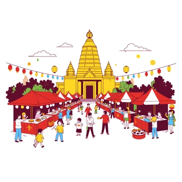 A yellow temple stands majestically at the center of the scene, adorned with vibrant decorations. In front of the temple, a bustling festival is taking place, filled with people enjoying the festivities. Colorful food stalls line both sides, each stall displaying a variety of dishes and snacks, with bright banners fluttering above. Children are playing games, laughing as they try to win prizes, while adults chat and savor the delicious food. Lanterns in various shapes and sizes hang above, adding a festive atmosphere to the lively scene.