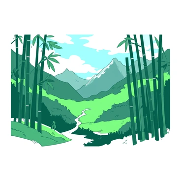 A panoramic view showcases a bamboo forest with tall, slender green bamboo stalks swaying gently in the breeze. In the background, there are majestic mountains with craggy peaks that rise dramatically against the sky. The mountains are partially shrouded in mist, adding a sense of depth to the scene. The sunlight filters through the bamboo leaves, creating interesting patterns of light and shadow on the forest floor. A narrow path winds through the bamboo, inviting exploration.