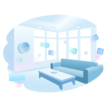 A modern home interior features sleek furniture and large windows allowing natural light to flood the space. Various smart devices are strategically placed around the room, including a smart thermostat on the wall, a voice-activated speaker on a table, and smart light bulbs visible in ceiling fixtures. Each device is depicted with icons beside them, illustrating their features and benefits, such as energy savings, voice control, and home security. The overall composition should have a clean and organized look, emphasizing the integration of technology in daily living.