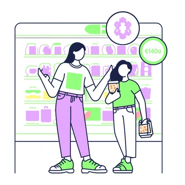 A shopper is standing in the aisle of a grocery store, examining various products on the shelves. The shopper is a woman with long hair, wearing a casual outfit consisting of a t-shirt, jeans, and comfortable sneakers. She is holding a jar of sauce in her right hand while looking closely at a box of cereal with her left hand. Above her head, several thought bubbles are displayed, each containing calorie counts for the products she is considering. The thought bubbles have different shapes, indicating the calorie counts for the cereal and sauce. The grocery store backdrop features colorful shelves filled with a variety of food items.