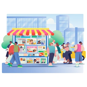 A bustling city street is filled with people walking in different directions. In the foreground, there is a colorful newsstand overflowing with various newspapers and magazines. The newsstand is adorned with bright red, yellow, and blue signage. The newspapers feature bold headlines and unique cover designs, while the magazines have vibrant images on their covers. Pedestrians of diverse backgrounds and ages are seen passing by, some stopping to glance at the selection. A yellow taxi cab is parked nearby, and tall buildings with large windows rise in the background under a clear blue sky.