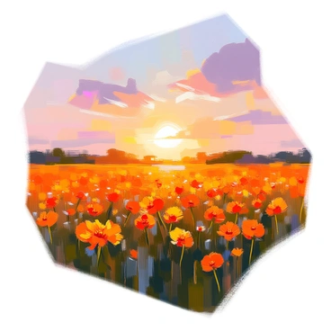 A vast field filled with vibrant "calendula flowers" in shades of orange and yellow, swaying gracefully in the gentle breeze. The flowers stretch across the landscape, their petals catching the warm light of the "sunset" that casts a golden hue over the scene. The sky above is painted with soft gradients of pink and purple as the sun begins to dip below the horizon. The movement of the flowers creates a rhythmic pattern, while a few fluffy clouds drift lazily across the sky, enhancing the tranquil evening atmosphere.
