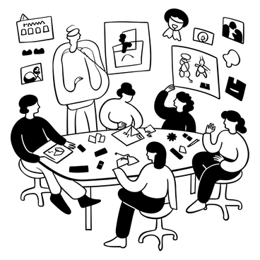 A group of artists seated around a large table, each focused on sketching character designs for an animated movie. One artist is drawing a tall, whimsical character with exaggerated features, while another is working on a small, round character with oversized limbs. Papers with various sketches are scattered across the table, showcasing a range of unique characters. Some artists have their tools, like pencils and markers, spread out beside them, capturing the process of creativity in action. The environment is filled with inspiration, as colorful concept art and reference materials adorn the walls.