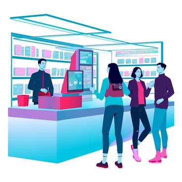 A futuristic supermarket checkout area featuring a sleek, high-tech payment terminal. The terminal has an integrated facial recognition system with a digital interface displaying user information. Customers are standing in line, observing the process. One person is positioned in front of the terminal, facing it with a curious expression as their face is scanned. Display screens nearby show product total and a confirmation message. The setting is filled with bright LED lights and shelves stocked with various products, conveying a modern shopping atmosphere.