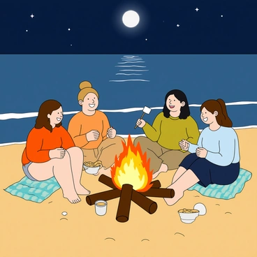 A group of four friends sitting closely together around a large, crackling bonfire on the beach at night. The friends are laughing and sharing stories, with one friend holding a marshmallow on a stick above the flames. The others are roasting their own marshmallows, and some have small bowls of snacks beside them. The beach has soft, golden sand, and the moonlight reflects off the calm ocean waves in the background. There are a few beach towels spread out in the sand, and the night sky is dotted with stars, creating a cozy atmosphere. Each friend has a distinct look, with varying hairstyles and clothing appropriate for a beach outing.