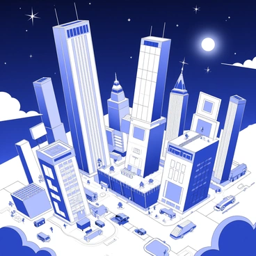 A futuristic cityscape is situated under a night sky filled with stars, with a prominent pulsar casting light that illuminates the buildings below. Skyscrapers of varying heights dominate the skyline, featuring sleek glass facades and intricate architectural designs. Some structures have rooftop gardens and solar panels. Streets are bustling with hover vehicles and pedestrians, while large digital billboards display advertisements. The ambiance suggests advanced technology and innovation, with a network of aerial walkways connecting the buildings.