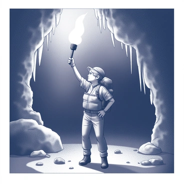 An explorer is standing in a dark cave, holding a torch high above their head. The torch emits a bright flame, illuminating the explorer’s face and the surrounding area. Shadows dance across the rough, rocky walls of the cave, creating an intricate pattern. Stalactites hang from the ceiling, and the ground is uneven with scattered stones. The explorer is dressed in rugged outdoor gear, and their expression shows determination as they navigate the mysterious environment.
