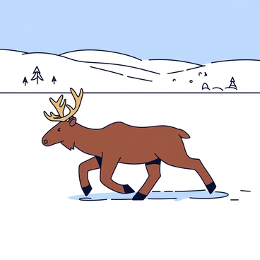 A lone caribou with brown fur and large antlers is walking through a vast, snow-covered landscape. The ground is covered with a thick layer of white snow, which sparkles in the sunlight. In the background, there are gently rolling hills with patches of snow and some sparse, leafless trees. The sky is clear and blue, creating a stark contrast with the white snow. The caribou's hooves leave small tracks behind in the pristine snow as it moves forward.