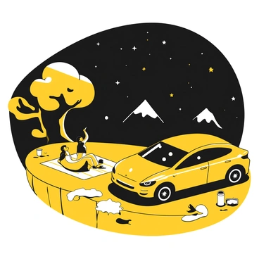 An electric car is parked at a scenic overlook, positioned at the edge of a cliff. The car has a sleek, modern design with sharp lines and a glowing logo. Two passengers are outside the car, lying on a picnic blanket, gazing up at the night sky. One person is pointing towards a constellation, while the other is resting on an elbow, looking up in fascination. The clear night sky is filled with numerous stars, twinkling brightly against the black backdrop. In the distance, silhouetted mountains rise against the horizon, adding depth to the scene. A nearby tree casts a shadow, enhancing the tranquil atmosphere of the overlook.