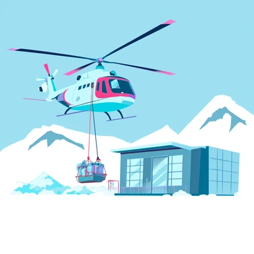 A large helicopter with a sleek design is hovering above an isolated arctic research station surrounded by vast, white snowfields. The helicopter's rotors are spinning rapidly, creating a flurry of snow as it prepares to lower a cargo net filled with equipment. The research station is a modern structure made of insulated panels, with large windows reflecting the sunlight. Snow-covered mountains rise in the background, under a clear blue sky. The scene captures the contrast between the advanced technology of the chopper and the harsh, icy environment.