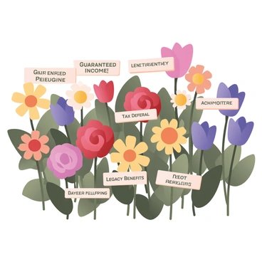 A digital flat illustration of a vibrant garden filled with a variety of blooming flowers. Each flower is labeled with different "annuity benefits." The flowers come in various shapes and colors, such as bright yellow daisies, deep red roses, and purple tulips. Green leaves surround each flower, providing a lush backdrop. The labels are artistically placed near each flower, clearly displaying terms like "Guaranteed Income," "Tax Deferral," and "Legacy Benefits." The garden is sunny, with a clear blue sky above, enhancing the colorful scene.