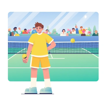A young ball boy with short brown hair is standing at the side of a tennis court, wearing a bright yellow uniform. He has a focused expression on his face, with his eyes fixed on the match in progress. The court is marked with white lines, and a tennis net runs across the middle. In the background, there are spectators seated in bleachers, some holding drinks and snacks. The sky above is clear and blue, with the sun shining down on the scene. The ball boy is holding a stack of tennis balls in his left hand, ready to assist the players when needed.