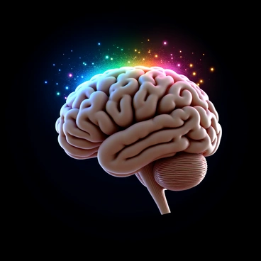 A 3D render of a human brain with intricate details showcasing the cerebral structures. The brain is illuminated with vibrant colors, such as blue, green, pink, and orange, representing sparks of creativity. These colorful sparks emanate from various regions of the brain, creating an energetic and dynamic effect. The background is dark to enhance the brightness of the colors, making the brain appear as the focal point of the image.