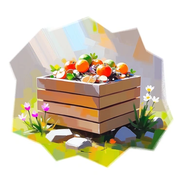 A backyard compost bin made of wooden slats, filled with a mixture of food scraps and garden waste. The food scraps include orange peels, apple cores, and vegetable trimmings. Among the scraps, there are dried leaves, grass clippings, and small twigs from recent gardening activities. The bin is situated on a patch of grass, surrounded by blooming flowers and a few scattered rocks, highlighting the natural environment. Sunlight filters through nearby trees, casting soft shadows on the compost bin.