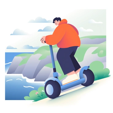 A person with short black hair is riding a Segway on a cliff-top trail. The rider is dressed in a bright orange windbreaker and black pants, gripping the handlebars firmly. Their expression shows determination as strong gusts of wind whip around them. Below, the ocean is visible, its waves crashing against the rocky shoreline. The cliff is dotted with patches of green grass and small wildflowers swaying in the breeze. The sky above is filled with scattered clouds, hinting at changing weather. The Segway is positioned near the edge of the cliff, emphasizing the height and thrill of the ride.