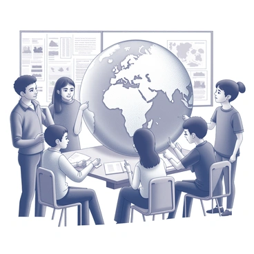 A group of students engaged in a learning activity centered around a large globe. The globe is prominently displayed in the center, showing detailed geographical features and country outlines. Some students are pointing at different countries, while others are taking notes or discussing amongst themselves. The students are diverse in appearance, representing various ethnic backgrounds. The classroom environment is filled with educational posters and maps on the walls. Each student has an expression of curiosity and engagement as they explore global geography.