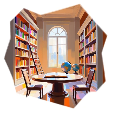 A grand library featuring towering shelves filled with ancient books. The shelves are made of dark wood, reaching up to a high ceiling adorned with intricate moldings. The library's atmosphere is enhanced by large, arched windows that allow natural light to filter in, casting shadows on the polished wooden floor. In the foreground, there is a large wooden table surrounded by elegant wooden chairs, with an open book resting on it. There are also decorative globes and a vintage ladder leaning against one of the shelves, inviting exploration of the upper levels.