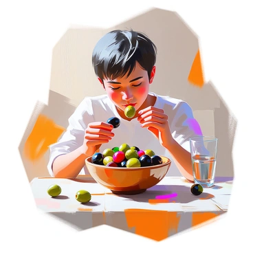 A person with medium skin and short black hair is sitting at a rustic wooden table, holding a small wooden bowl filled with an assortment of olives. The bowl contains green, black, and stuffed olives, each glistening with olive oil. The person's expression reflects enjoyment and contemplation as they bring an olive to their lips, savoring the flavors. A few olives are scattered around the bowl, and a glass of water sits nearby. The setting is warm and inviting, enhancing the sensory experience of tasting the olives.