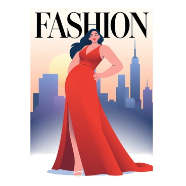 A glamorous model with long, flowing black hair is posing confidently for a fashion magazine cover. She is wearing a stunning, shimmering red gown that cascades elegantly to the floor, accentuating her figure. Her makeup is bold, featuring deep red lipstick and dramatic eye makeup. The cityscape background features tall skyscrapers and a sunset sky with hues of orange and purple. The magazine title is prominently displayed at the top in bold, stylish font. In the foreground, a soft light enhances the overall brightness of the scene, highlighting the model's striking features.