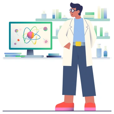 A scientist with short black hair and glasses is standing in a laboratory. He is wearing a white lab coat over a light blue shirt and dark trousers. His expression is focused as he observes a graphic model of a proton displayed on a large computer screen in front of him. The screen shows a detailed, colorful representation of the proton with orbiting electrons depicted in smaller sizes around it. The lab is equipped with various scientific instruments and shelves filled with test tubes and beakers in the background. A stack of research papers is placed on the table beside the computer.