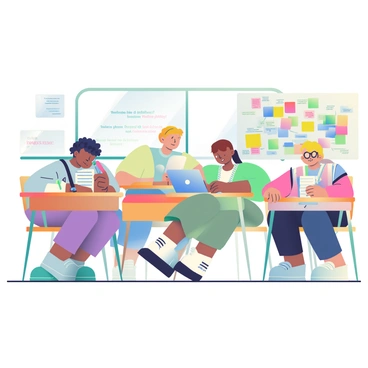 In a bright classroom, several students are seated at wooden desks, each focused on writing stories. One student with curly dark hair is typing intently on a laptop, while another student with glasses is jotting down notes in a spiral notebook. A third student, with short blonde hair, is surrounded by colorful sticky notes and markers, vividly brainstorming ideas on a large sheet of paper. The walls are decorated with motivational quotes about creativity and writing. A large window lets in natural light, illuminating the scene and creating a vibrant atmosphere in the room.