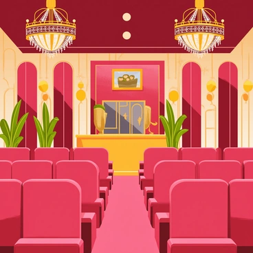 A cinema lobby featuring rich, plush velvet seats arranged in groups for comfort. The color of the seats is a deep red, creating a luxurious atmosphere. Elegant chandeliers hang from the ceiling, adorned with intricate patterns and sparkling crystals. The walls display geometric patterns typical of the Art Deco style, with a glossy finish that reflects light beautifully. A large ticket counter made of polished wood stands prominently, alongside decorative wall sconces that emit a warm glow. Decorative art pieces and mirrors are strategically placed to enhance the grandeur of the space.