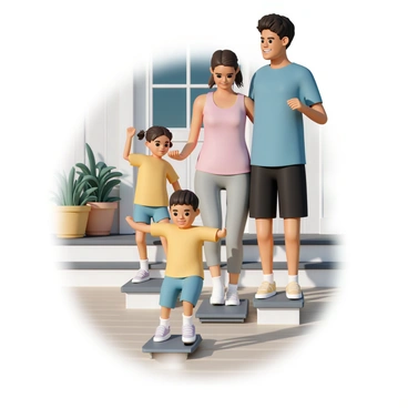 A family of three is exercising together on their front porch, engaging in step-ups. The father, wearing a blue t-shirt and black shorts, is leading the activity with a big smile. The mother, dressed in a pink tank top and grey leggings, is following closely behind him, her focus evident as she steps up energetically. Their young daughter, wearing a yellow t-shirt and denim shorts, enthusiastically mimics her parents’ movements, her hair tied in pigtails. The porch is adorned with potted plants, and the sun shines brightly, casting soft shadows on the wooden floor.