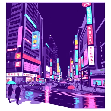 A vibrant urban landscape is depicted at night, with tall buildings covered in glowing neon signs. Various signs in bright colors can be seen on the facades, showcasing advertisements and logos. Streets are filled with people walking, some holding umbrellas, and cars are moving through the busy intersections. The atmosphere is alive with energy, as reflections of the neon lights shimmer on the wet pavement. Above, the night sky is dark, enhancing the brightness of the neon hues illuminating the city scene.