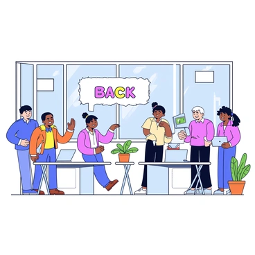 A bright office space with desks neatly arranged. Colleagues with cheerful expressions are greeting each other, some with smiles and handshakes, while others are engaging in friendly conversation. On the wall is a large "Welcome Back" sign, decorated with colorful letters. The office has large windows allowing natural light to brighten the room, and potted plants are placed on some desks, adding a touch of greenery.