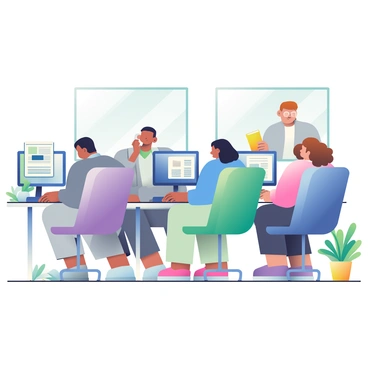 A bustling office filled with desks and computers is shown. Several employees are sitting at their workstations, focused on their screens as they use "Microsoft Word." One employee, a woman with short black hair wearing a blue blouse, is typing intently on her keyboard. To her left, a man in a gray suit is reviewing a document on his monitor, while another woman with curly brown hair is speaking on the phone, holding a notepad in her other hand. The office has large windows allowing natural light to stream in, and there are green potted plants scattered throughout the space, adding a lively touch to the environment.