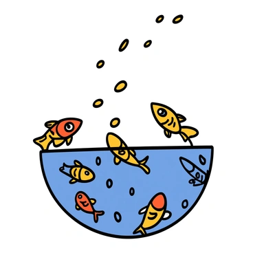 A group of colorful guppies with vibrant patterns and various shades of orange, blue, and yellow are eagerly swimming at the water's surface. They are darting around energetically with their fins flaring, creating small ripples in the water. Above them, flakes of fish food are slowly descending, catching the light as they fall. The water is clear, allowing a view of the guppies as they compete playfully for the floating food.