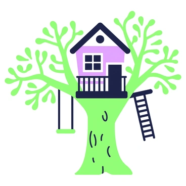 A whimsical treehouse is perched high in a tree with a sturdy trunk and sprawling branches. The treehouse features a platform with a small balcony and a peaked roof. Ladders made of wooden planks lead up to the entrance. Nearby, swings hang from a thick branch, gently swaying in the breeze. The scene is framed by additional branches and leaves, creating a sense of playfulness and adventure.