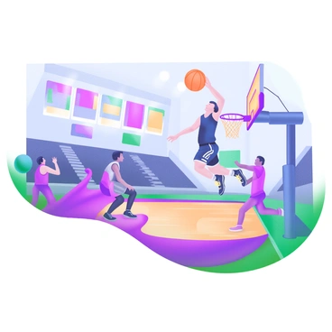 A basketball game in a vibrant gymnasium featuring players in action. A player is jumping to take a shot with the basketball, which is shown in mid-air following a perfect parabolic arc. The ball is a bright orange color, contrasting against the polished wooden floor. The background includes cheering spectators, colorful banners, and scoreboard lights illuminating the scene. One player is defending while another teammate is positioned near the hoop, anticipating the ball's descent. The overall atmosphere captures the excitement and dynamics of a competitive game.