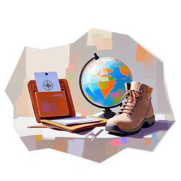 A brown leather wallet is open, displaying various cards, with a compass card prominently visible inside. Next to the wallet, there is a small globe depicting detailed continents and oceans in vibrant colors. To the side of the globe, a pair of rugged hiking boots rests, with laces neatly tied and the soles showing signs of wear. The items are arranged on a textured wooden surface, creating an adventurous atmosphere.