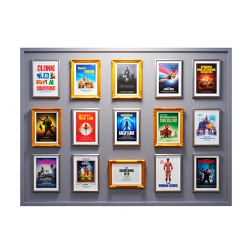 A gallery wall filled with vibrant and dynamic movie posters from various eras. Each poster features distinct artwork, showcasing a range of colors, styles, and themes. Some posters depict classic black-and-white films, while others highlight modern blockbusters in vivid colors. The posters are framed in different styles, with some having ornate gold frames and others in sleek, minimalist designs. The arrangement of the posters is asymmetrical, creating an engaging visual display. The wall itself is a neutral shade, allowing the colors of the posters to pop.