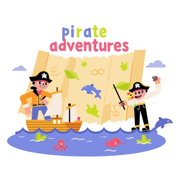A pirate storybook cover featuring a colorful scene filled with adventurous characters. There are two pirates; one has a tricorn hat and a red bandana, holding a sword, while the other wears an eye patch and has a parrot on their shoulder. In the background, a large, tattered treasure map unfurls, adorned with marked locations and drawings of islands. Various sea creatures, including a large octopus and a friendly dolphin, swim around a ship sailing on blue waves. The title "Pirate Adventures" is written in bold, playful lettering at the top.