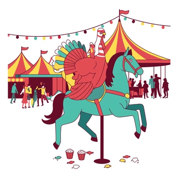 A vibrant turkey with colorful feathers is perched happily on a painted teal horse of a merry-go-round. The turkey has a joyful expression as it leans slightly forward, flapping its wings in excitement. Surrounding the merry-go-round, there are various carnival attractions visible in the background. Brightly colored tents in yellow and red are set up, and people are strolling around, enjoying the festive atmosphere. Colorful lights are strung overhead, illuminating the scene with a lively glow. The ground is covered with scattered popcorn and candy wrappers, adding to the cheerful carnival ambiance.