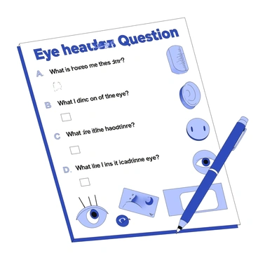 An illustration of a quiz on eye health. The image features a large sheet of paper displaying multiple-choice questions. Each question is clearly printed in bold, with options labeled "A", "B", "C", and "D" listed below. There are various eye-related illustrations, such as an eye diagram showing parts of the eye and images of common eye conditions. A pen is positioned next to the quiz paper, suggesting that a participant is in the process of answering the questions. The overall composition invites interaction and engagement with the material.