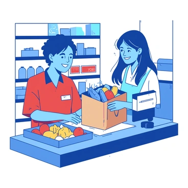 A blue friendly cashier with short hair is smiling warmly while assisting a customer at the checkout. The cashier is wearing a red uniform shirt with a name tag on it. The customer, who has medium-length brown hair, is placing various colorful grocery items into a brown paper bag. The checkout counter is neatly arranged, displaying an assortment of fresh produce and packaged goods. The background features shelves stocked with products, creating a lively shopping atmosphere.