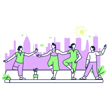 A group of five individuals is practicing qi gong on a rooftop. They are positioned in a row, each person standing with one foot slightly forward, arms extended in fluid motions. The skyline of a city is visible in the background, with tall buildings reaching towards the sky. The individuals are dressed in loose-fitting clothing, promoting ease of movement. The sun is setting, casting elongated shadows of the practitioners on the rooftop surface. In the foreground, a few potted plants add a touch of greenery to the scene.
