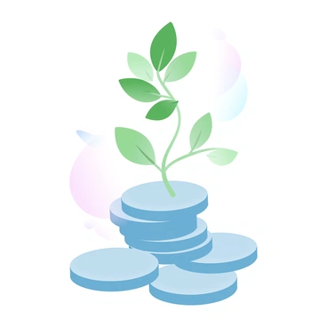 A small green plant is emerging from a stack of shiny coins, representing financial growth. The coins are arranged in a neat pile, showcasing their diverse sizes and textures. The plant has several vibrant leaves, and its stem is slightly curved as it reaches upward. The background features a soft gradient of pastel colors, enhancing the symbolism of prosperity and hope.