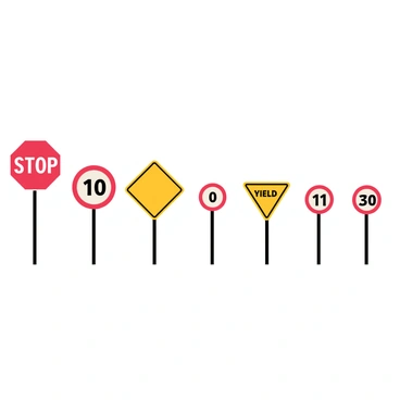 A collection of road signs of various sizes arranged in a straight line. The signs include a large stop sign, a medium yield sign, and several small speed limit signs. Each sign has a distinct shape and color, clearly displaying their symbols and text. The background is simple and unobtrusive to highlight the signs. Each sign is positioned to illustrate the concept of equivalent ratios with clear spacing between them, allowing for easy visual comparison.